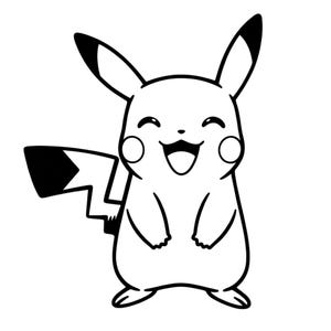 May include: A black and white illustration of Pikachu, a popular character. The image shows Pikachu with a smiling face, rosy cheeks, and a lightning bolt-shaped tail. The character's ears have black tips.
