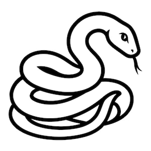 Könnte beinhalten: Schwarz-weiße Illustration einer sich ringelnden Schlange. Die Schlange ist in einem minimalistischen Stil mit dicken schwarzen Konturen dargestellt. Der Kopf ist erhoben, die Zunge gespalten.