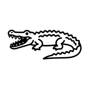 Puede incluir: Dibujo lineal en blanco y negro de un caimán con la boca abierta, mostrando dientes afilados. El cuerpo del caimán está delineado con una gruesa línea negra, sobre un fondo blanco.