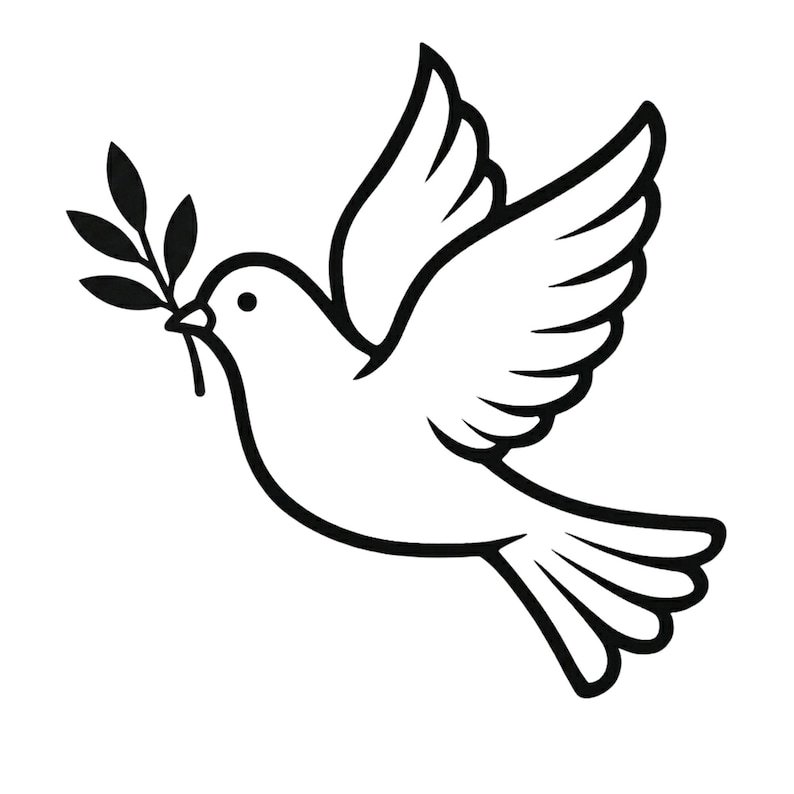 May include: A black and white illustration of a dove in flight, holding an olive branch. The dove's wings are spread, and its tail feathers are fanned out. The image is a clean, minimalist design on a white background.