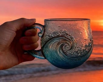 Textured Sea Glass Wave Mug: Coastal Ocean Theme Drinking Cup
