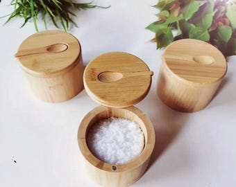 Handmade Personalized Bamboo Seasoning Jar Set Custom Salt Pepper Sugar Container Wooden Condiment Storage Bowls