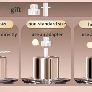 K&ouml;nnte beinhalten: Diagramm mit drei Produktkonfigurationen: Standardgr&ouml;&szlig;e, Nicht-Standardgr&ouml;&szlig;e und Hornkopf. Die Standardgr&ouml;&szlig;e kann direkt bef&uuml;llt werden, w&auml;hrend die anderen beiden einen Adapter ben&ouml;tigen. Die Ma&szlig;e sind in mm angegeben.