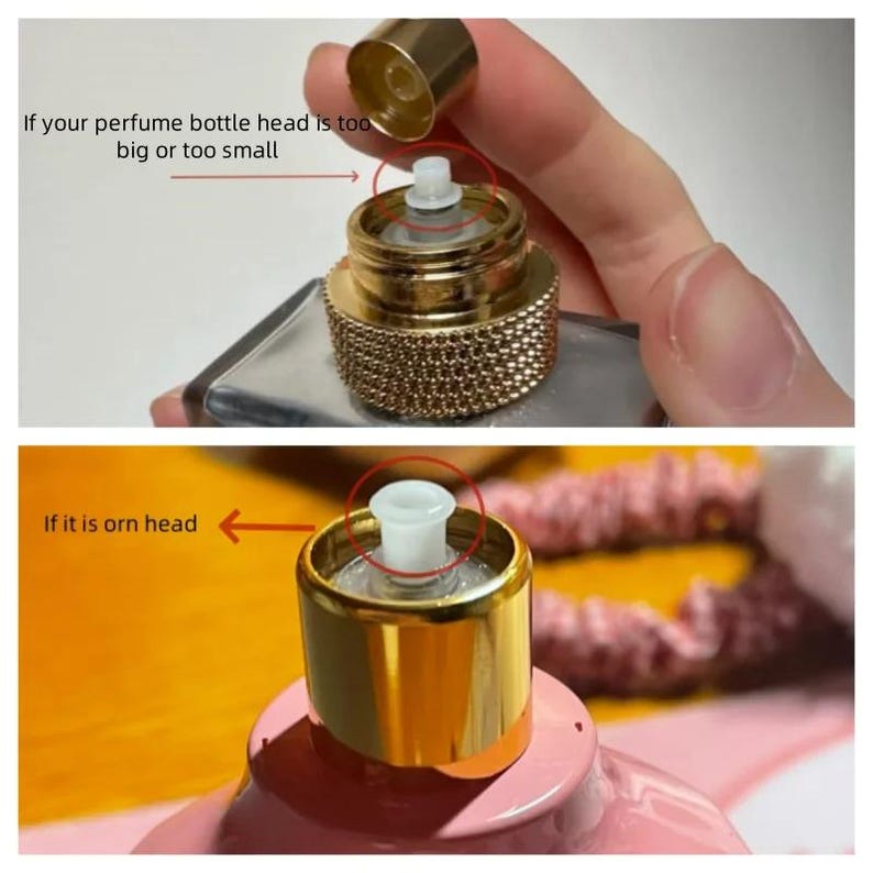 K&ouml;nnte beinhalten: Nahaufnahme von zwei Parf&uuml;mflaschen. Das obere Bild zeigt eine goldene Parf&uuml;mflasche mit wei&szlig;er D&uuml;se und goldenem Verschluss. Das untere Bild zeigt eine rosa Parf&uuml;mflasche mit goldenem Verschluss und wei&szlig;er D&uuml;se. Der Text im Bild lautet: "If your perfume bottle head is too big or too small" und "If it is orn head."