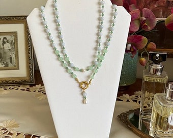 Double Strand Genuine Aquamarine with Jade Convertible Necklace