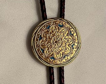 Vintage Carved Brass Stamp Medallion BOLO Tie