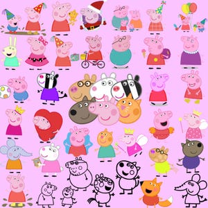 May include: A collection of cartoon characters, including pigs, zebras, cats, and other animals, in various poses and outfits. Some characters wear party hats, Santa hats, and crowns. The background is a solid pink color.