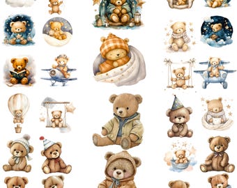 Watercolor Teddy Bear Clipart, Pastel Birthday Baby Animals PNG (Digital Download)