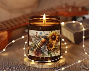 Soy Candle, Farmhouse Honeybee with Flowers, Hand-Poured Amber Jar, Rustic Home Decor, Aromatherapy Candle, Gift for Nature Lovers