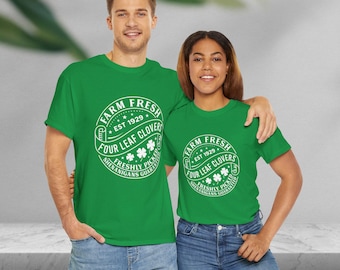 Farm Fresh Clover St. Patrick's Day Tee, Green Lucky Unisex T-Shirt Top, Shamrock Irish Lucky Charm Shirt, St Paddy's Day Apparel, Luck of
