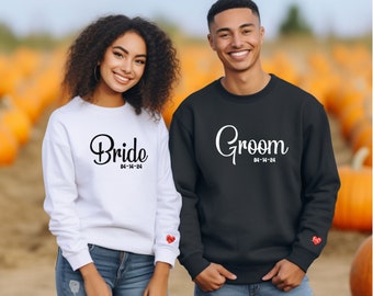 Bride and Groom Sweatshirts, Bride Est Date Sweatshirt, Groom Est Date Sweatshirt, Matching Bride and Groom Sweatshirts, Heart on Sleeve