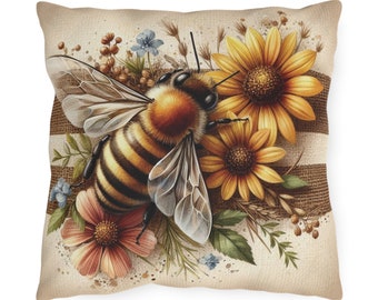 Vintage Outdoor Pillow Farmhouse Bee Cushion Honey Bee Decor Garden Patio Decor Outdoor Cushion Bee Enthusiast Gift Weather-Resistant Pillow