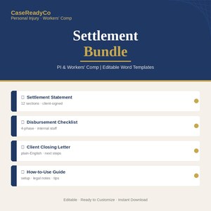Op de afbeelding: Een digitaal document getiteld "Settlement Bundle" met een donkerblauwe kop en een crèmekleurige body. Het document bevat secties voor afwikkelingsverklaringen, uitkeringschecklists, klantafsluitingsbrieven en een handleiding. De tekst "Editable, Ready to Customize, Instant Download" staat onderaan.