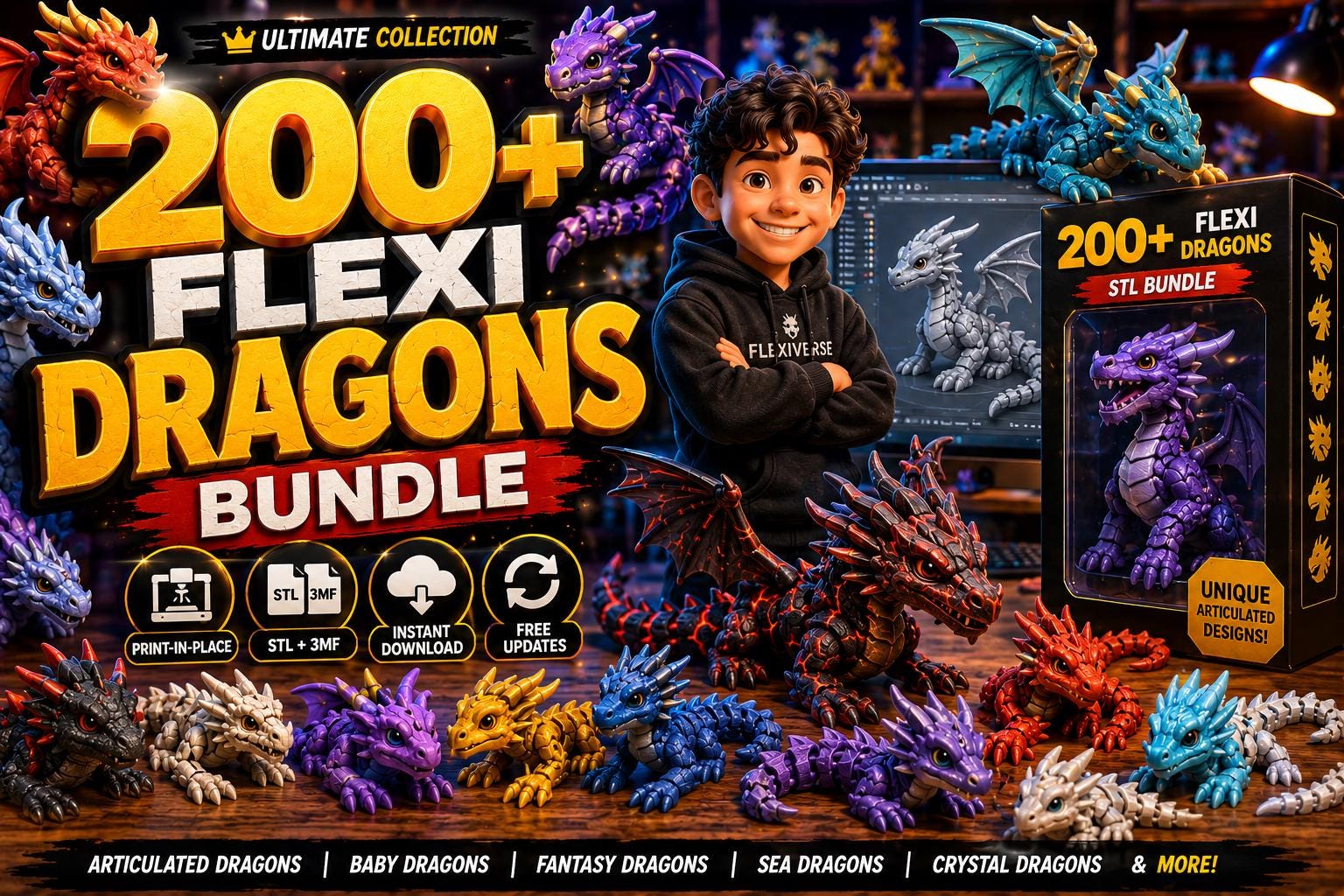 200+ Flexi Dragon STL Bundle | Articulated Dragons | Print in Place ...