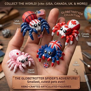 May include: Four small, articulated spider figurines featuring national flag designs: USA, Canada, UK, and Japan. Each spider has large eyes and distinct color patterns. Text includes COLLECT THE WORLD, GLOBETROTTER COLLECTION, and THE GLOBETROTTER SPIDER'S ADVENTURE.
