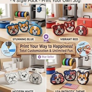 May include: A set of 3D printable dog-shaped clicker files in four colour themes: blue, red, white, and USA patriotic. The image displays various dog breeds including bulldogs and corgis, with text reading Custom Paw-fect Clicker STL Files and Print Your Way to Happiness.