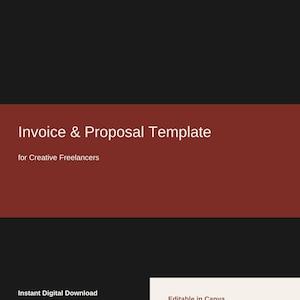 May include: A digital document template featuring a black background with a dark red horizontal band. Text reads: Grim & Tonic Studios, Invoice & Proposal Template for Creative Freelancers, Instant Digital Download, Invoice + Proposal Templates, Editable in Canva.