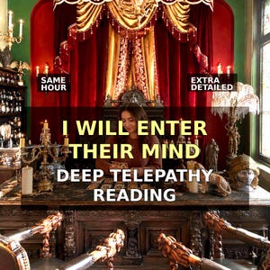Puede incluir: Una habitación oscura con cortinas rojas y un escritorio de madera con el texto SAME HOUR, EXTRA DETAILED, I WILL ENTER THEIR MIND, DEEP TELEPATHY READING. La escena incluye candelabros dorados ornamentados, una figura de leopardo y un busto de piedra.