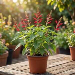 May include: A potted plant with vibrant red, tubular flowers and pointed green leaves. The plant is housed in a simple, round, terracotta-colored plastic pot, which sits on a weathered wooden surface with other potted plants visible in the background.