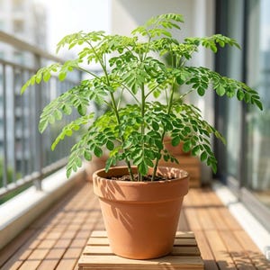 May include: A vibrant green moringa plant with delicate, compound leaves and slender stems, potted in a classic terracotta-colored clay pot. The plant features multiple branches extending outward, showcasing small, oval-shaped leaflets in a bright, natural green hue.