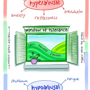 May include: A hand-drawn diagram illustrating emotional states. It features "hyperarousal" with symptoms such as irritability and racing thoughts. The middle section shows a "window of tolerance" with a calm state. The bottom shows "hypoarousal" with symptoms like fatigue.
