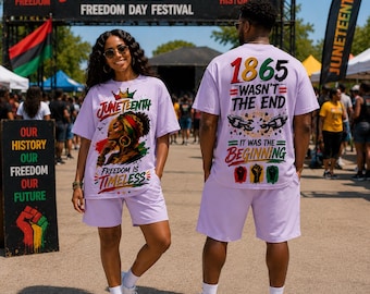May include: A light purple t-shirt and shorts set featuring Juneteenth graphics. The front displays a person with a crown and the text 'Juneteenth Freedom is Timeless'. The back features '1865 Wasn't the End It Was the Beginning' with broken chains.