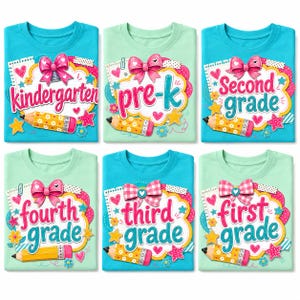 Schulanfang-PNG-Bundle, Vorschule, Kindergarten, 1., 2., 3. und 4. Klasse, Lehrer-Shirt-Design, Sublimationsdruck-PNG