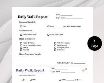 Dog Walker Report Card, Pet Sitter Tagebuch, Pflege-Checkliste druckbare PDF-Datei