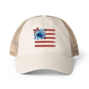 Women's Floral Flag Washed Mesh-Back Cap w duel fun patterned underside and hidden ponytail opening