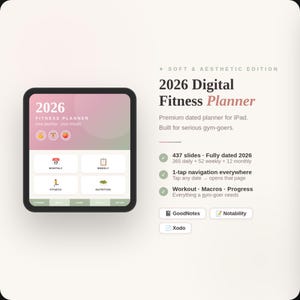 Könnte beinhalten: Ein digitaler Fitnessplaner für 2026 auf einem Tablet. Der Bildschirm zeigt eine rosa und weiße Oberfläche mit Abschnitten für Fitness und Ernährung. Auf dem Bildschirm steht "2026 Fitness Planner" und "your journey, your results."