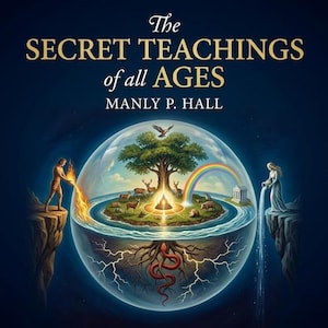 May include: An illustrated book cover with the title "The Secret Teachings of All Ages" by Manly P. Hall. The artwork depicts a globe with a tree, rainbow, and figures, set against a dark blue background.