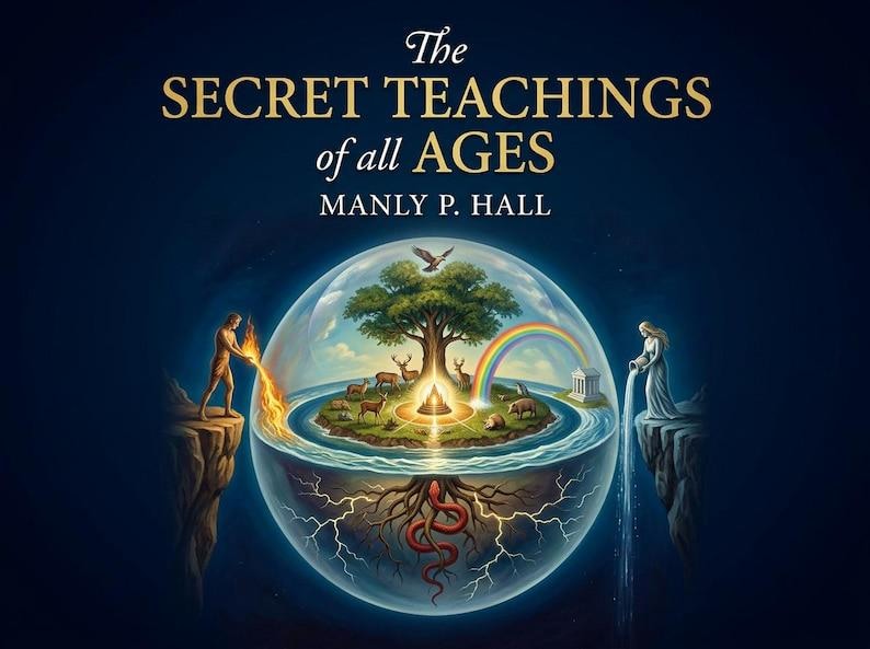 May include: An illustrated book cover with the title "The Secret Teachings of All Ages" by Manly P. Hall. The artwork depicts a globe with a tree, rainbow, and figures, set against a dark blue background.