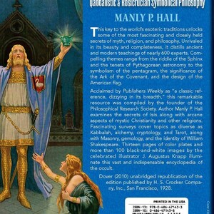 May include: Book cover for "The Secret Teachings of All Ages" by Manly P. Hall. The cover features an illustration of a robed figure holding a glowing chalice, with text about Masonic, Hermetic, and Qabbalistic philosophy.