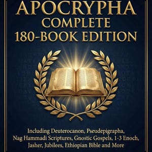 May include: A book cover with the title "The Apocrypha Complete 180-Book Edition" in gold lettering on a dark blue background. The cover features an open book surrounded by a gold laurel wreath. The text includes "Including Deuterocanon, Pseudepigrapha..." and "Eterna Verba Publishing."