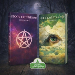 以下が含まれることがあります： 「Book of Wisdom」というタイトルの2冊の本が表示されています。ボリューム1は五芒星の紫色の表紙で、ボリューム2は雲を通して覗く目の緑色の表紙です。「デジタルダウンロード」という言葉が緑色のバッジにあります。