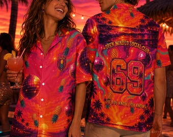 Camisa fiesta piña invertida, camisa neón disco unisex, Open Minded Social Club 69, outfit festival tropical