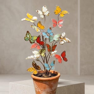 Multicolored Metal Butterfly Garden Stake, Shabby Chic Yard Art Plant Decor, Rustic Iron Butterfly Sculpture, Whimsical Garden Gift for Mom