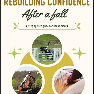 以下が含まれることがあります： 「REBUILDING CONFIDENCE After a fall」というタイトルの本の表紙。落馬するライダーの画像を含む、馬術のイメージが特徴です。「A step by step guide for horse riders」というテキストも含まれています。