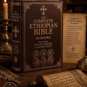May include: A hardcover edition of "The Complete Ethiopian Bible" with 88 books, including Enoch, Jubilees, and ancient texts. The cover is dark brown with gold lettering and a cross emblem. The image also shows a scroll and a list of contents.