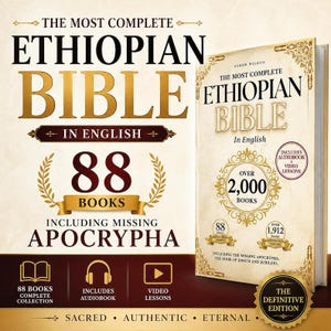 May include: A book cover with the title "The Most Complete Ethiopian Bible" in large gold letters. The cover includes the text "In English", "88 Books", and "Including Missing Apocrypha". The book is described as the definitive edition and includes over 2,000 books.