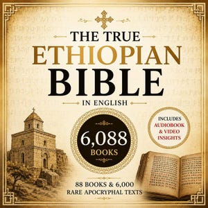 May include: A book cover with the title "THE TRUE ETHIOPIAN BIBLE IN ENGLISH." The cover features a church illustration, a circle with "6,088 BOOKS," and an open book. Includes audiobook and video insights.