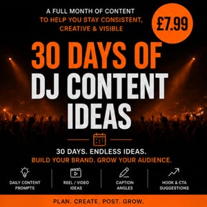 Può includere: Grafica nera e arancione con il testo "30 GIORNI DI IDEE PER CONTENUTI DJ". L'immagine promuove la creazione di contenuti con suggerimenti, idee video, angoli di didascalia e suggerimenti. Il testo "UN MESE PIENO DI CONTENUTO" è in alto.