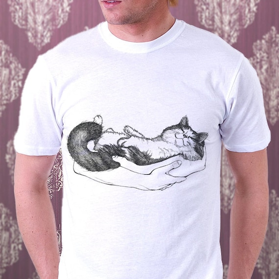 Items similar to Cat Shirt Happy Kitten Cat Kitty on Hands Pet Animal Art Print Men Cat T-Shirt
