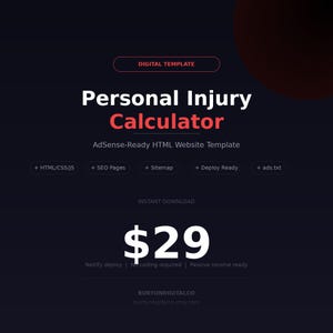 May include: A digital template advertisement on a dark background. The text reads "Personal Injury Calculator" in white and red, with additional features listed below. The price is $29.