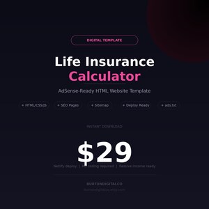 May include: Digital template for a Life Insurance Calculator, with the text "Life Insurance Calculator" in white and pink. The template includes features like HTML/CSS/JS, SEO pages, and a sitemap. The price is $29.