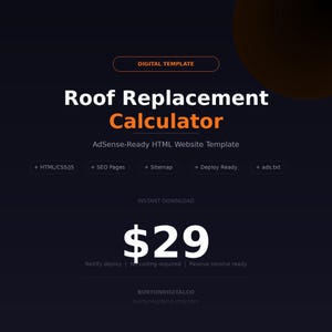 May include: Dark blue digital template graphic with the words "Roof Replacement Calculator" in white and orange. Includes the text "AdSense-Ready HTML Website Template" and the price of $29. Additional features are listed below the title.