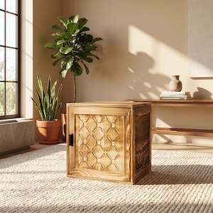 May include: A light brown wooden cabinet with a geometric pattern carved into the door. The cabinet has a dark handle and sits on a cream-colored rug. The room has a window and potted plants.