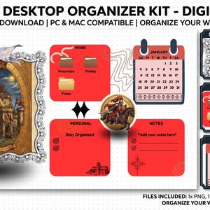 May include: Medieval desktop organizer kit digital listing. The design features a medieval castle illustration, a calendar, and dedicated spaces for work and personal organization. The text includes "Organize Your Workspace Today!"