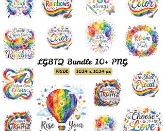 May include: A digital collection of 14 colorful illustrations featuring rainbow themes, butterflies, hot air balloons, and floral wreaths. Text includes phrases like Spread Love Everywhere, Made of Rainbows, Love Lifts Everyone, and Bloom with Pride.