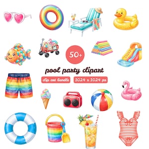 May include: A digital collection of pool party clipart featuring heart-shaped sunglasses, a rainbow float, a lounge chair, a duck float, a colorful fish, a wagon, pool noodles, a slide, rainbow swim trunks, ice cream, a radio, a beach ball, a flamingo float, a blue and white ring, a rainbow bucket, a cocktail, and a striped swimsuit.